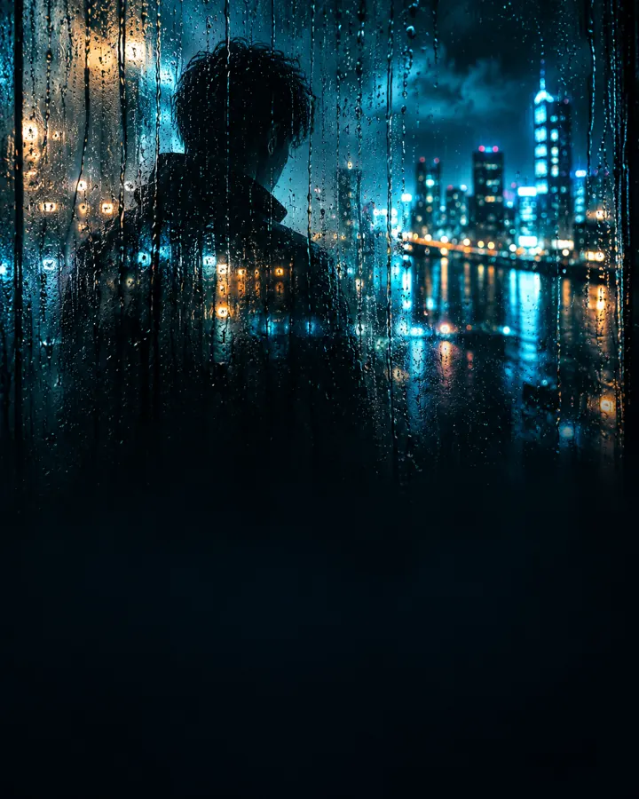 Yağmurlu camın ardında anonim bir siluet ve gece şehir ışıkları